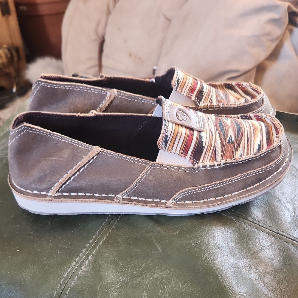 Ariat Brown Suede Slip-On Moccasins with Multicolor Southwestern Fabric - Picture 2 of 3